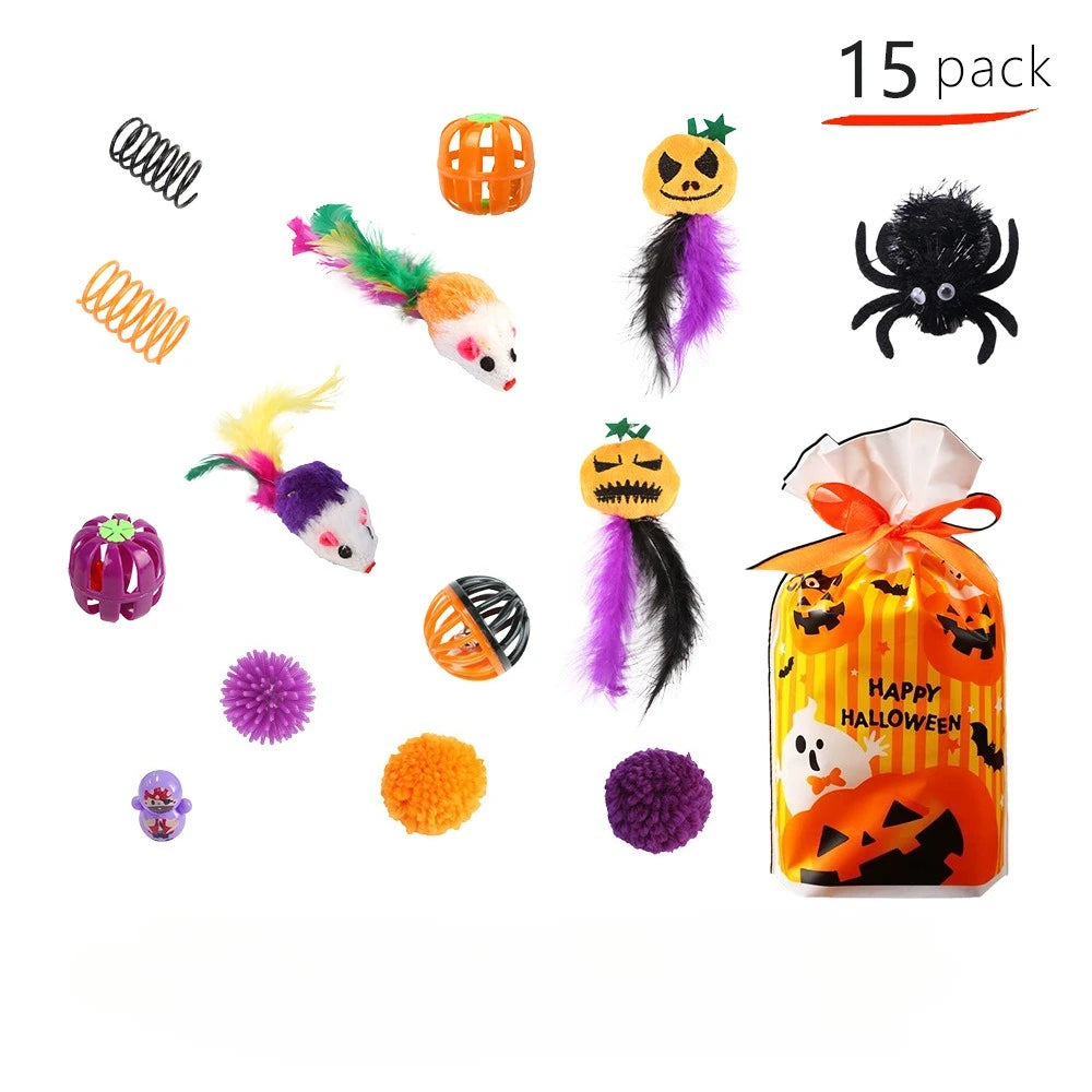 Halloween Cat Toys Set with Bats, Spiders and Pumpkins