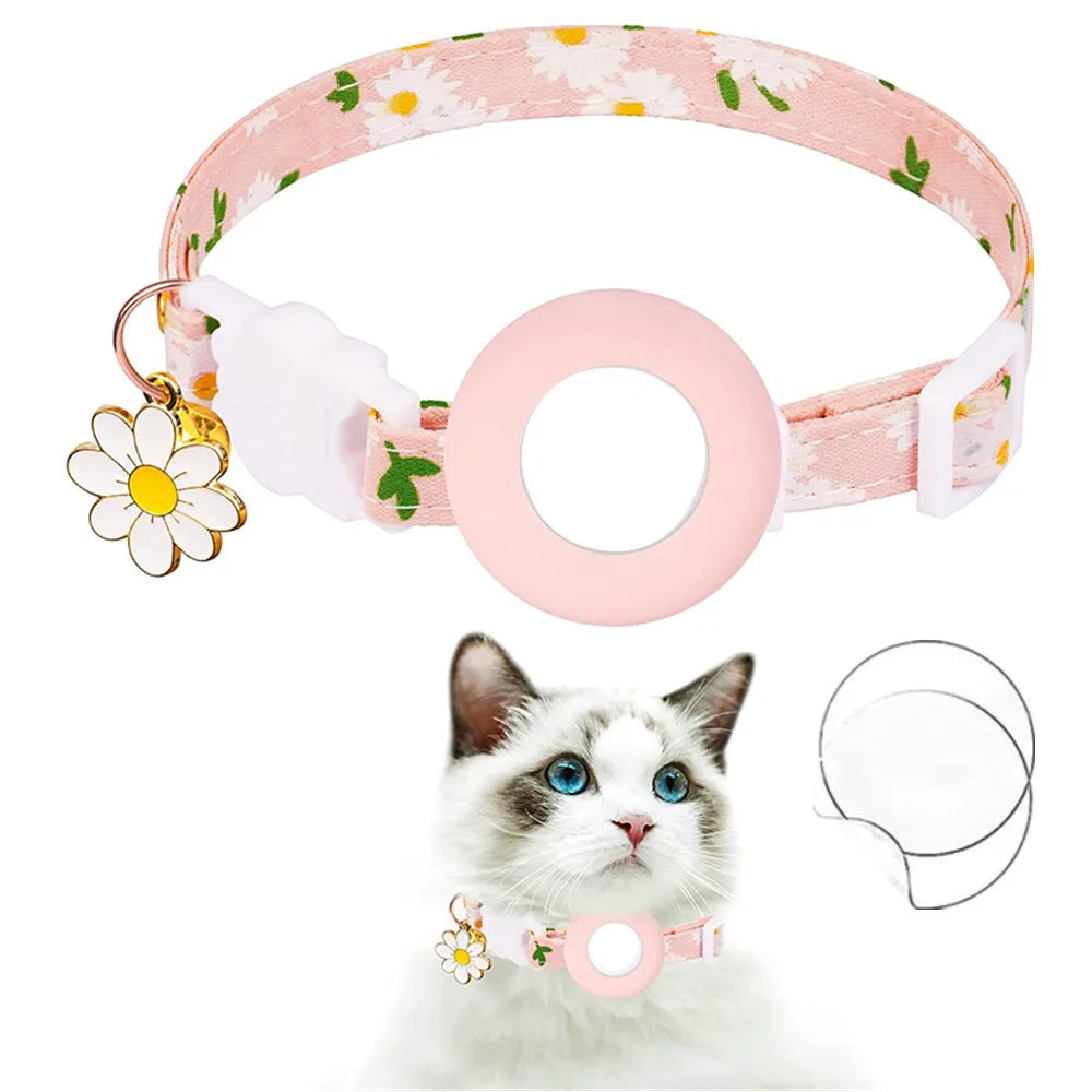 Collier de chat sécurisé avec support AirTag marguerite et grelot
