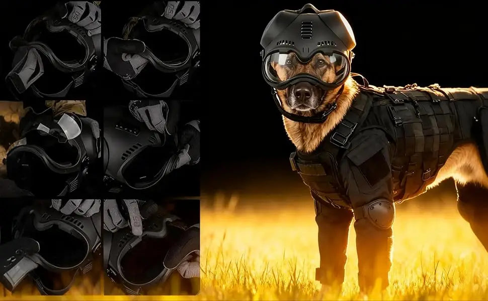 K9 Tactical Dog Helmet with Dual Goggles — Windproof Polyester Shell for Working Dogs