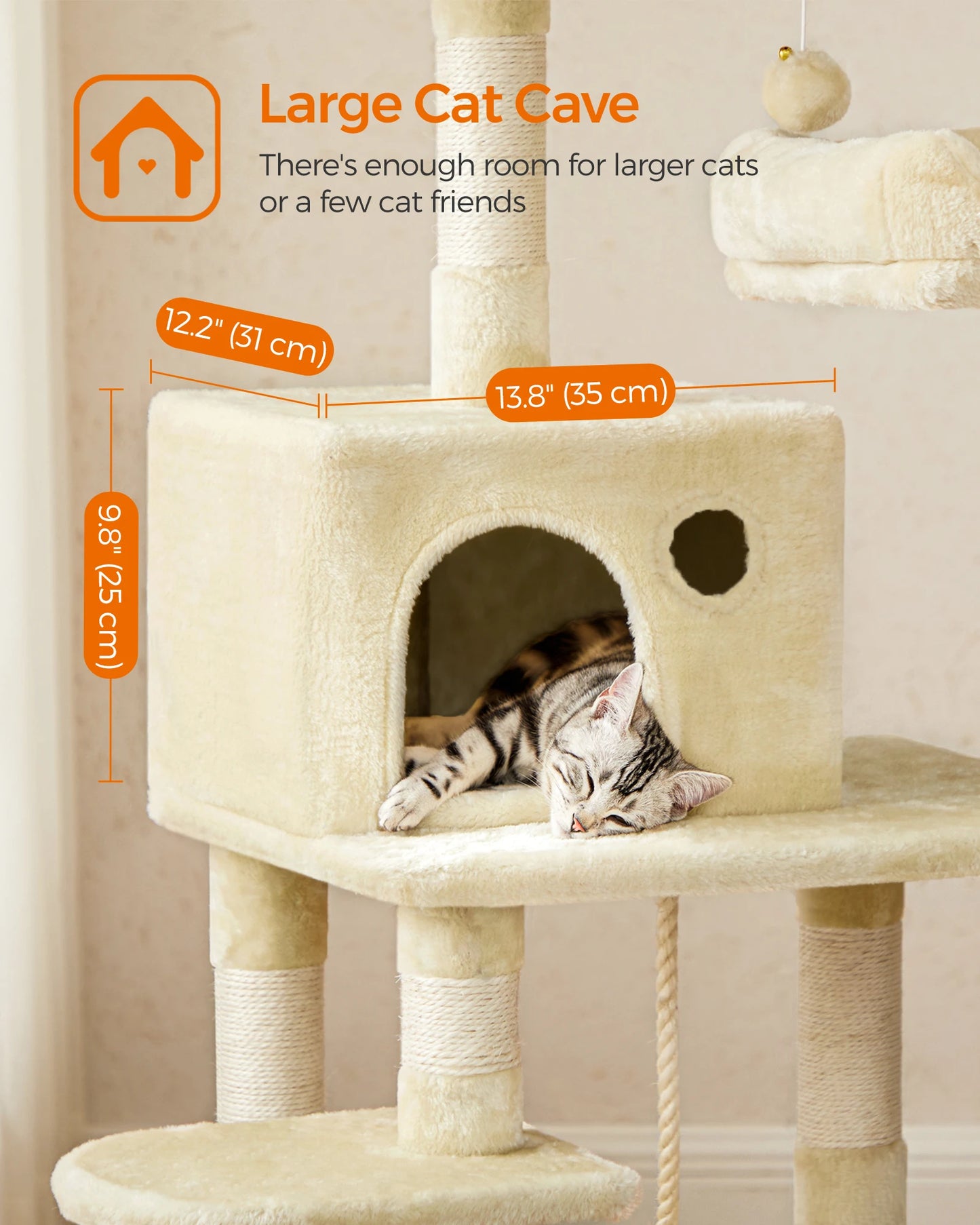 Multi-Level Cat Tree 143cm - Stable Tower with 2 Plush Perches