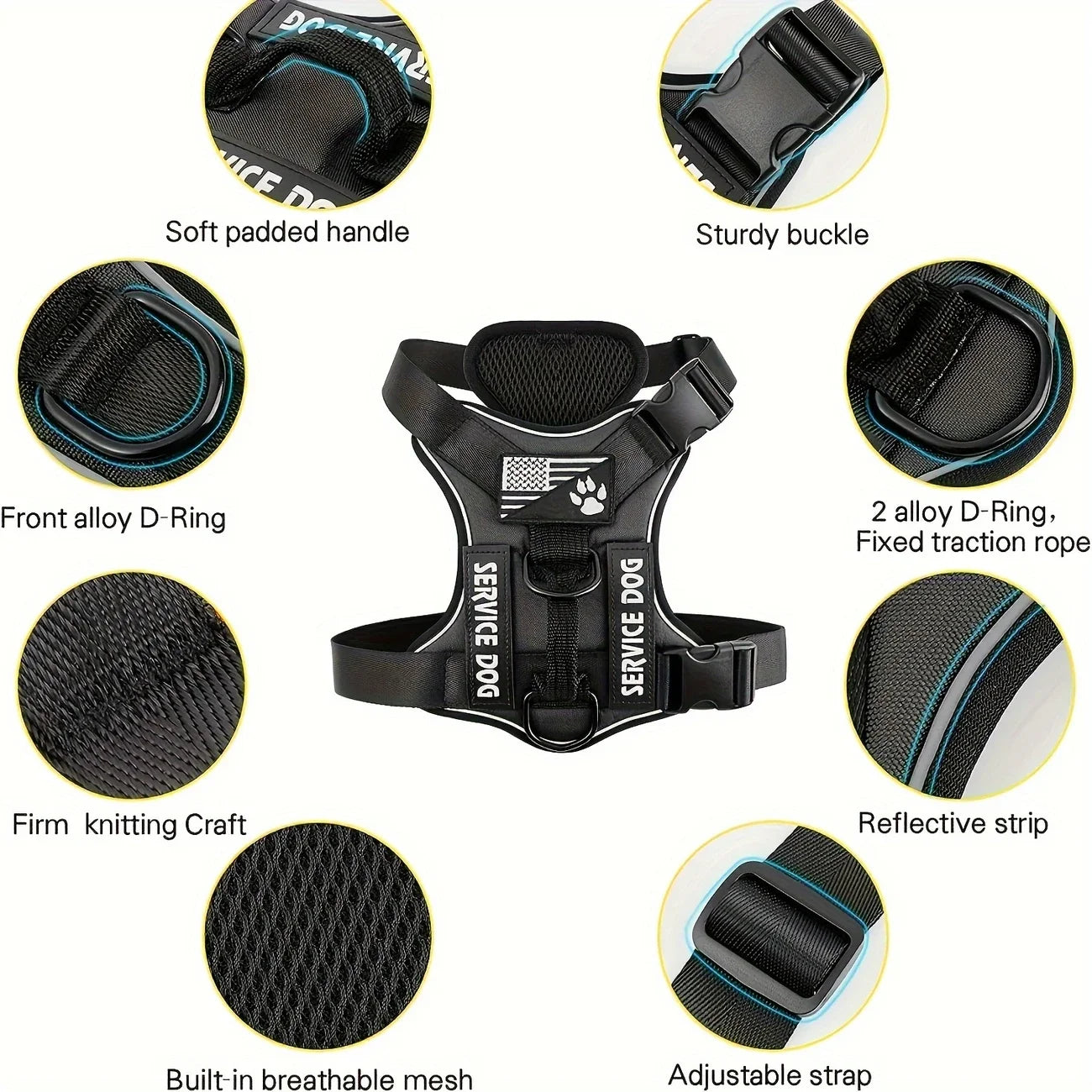 Harnais tactique anti-traction pour chien avec bandes réfléchissantes de nuit