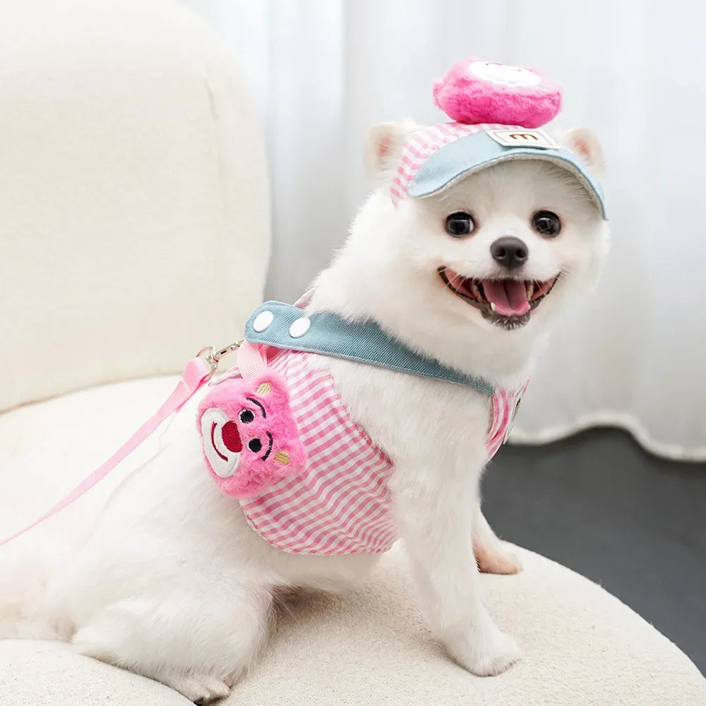3-Piece Cartoon Pet Harness, Leash & Sun Hat Set – Vest Harness Costume for Cats & Small Dogs