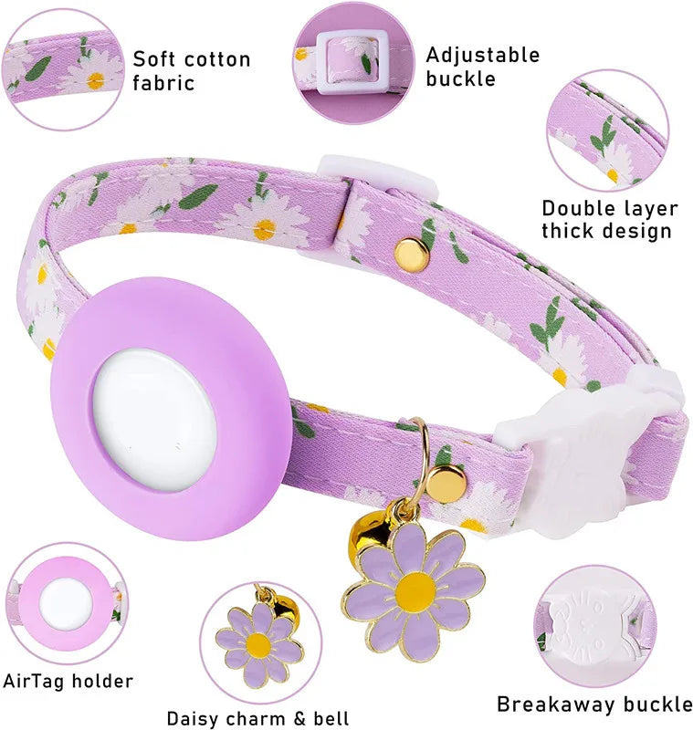 Collier de chat sécurisé avec support AirTag marguerite et grelot