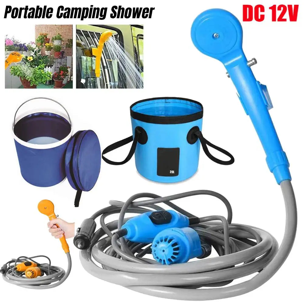 12V Portable Camping Shower Pump with Foldable Bucket Options