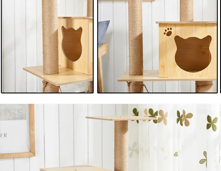 Multi-Level Wooden Cat Tree with Sisal Scratching Posts