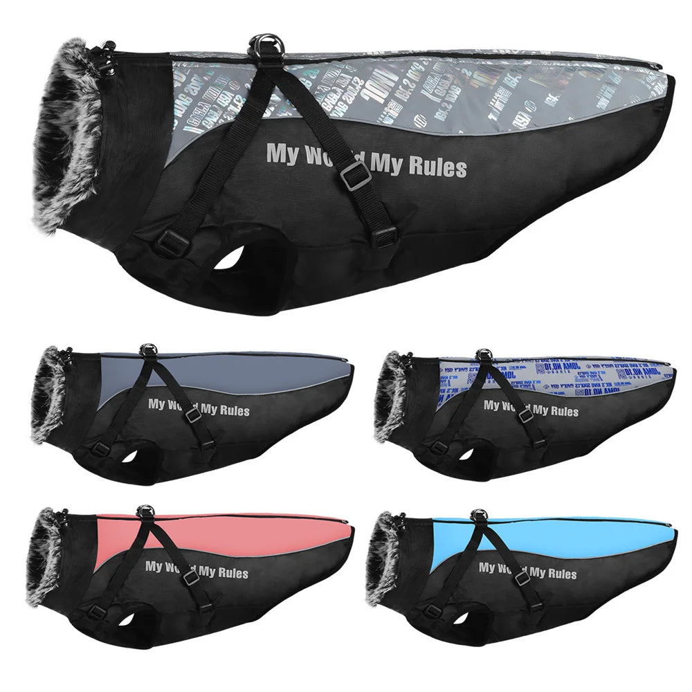 Reflective Waterproof Winter Dog Coat with Fur Collar & Harness