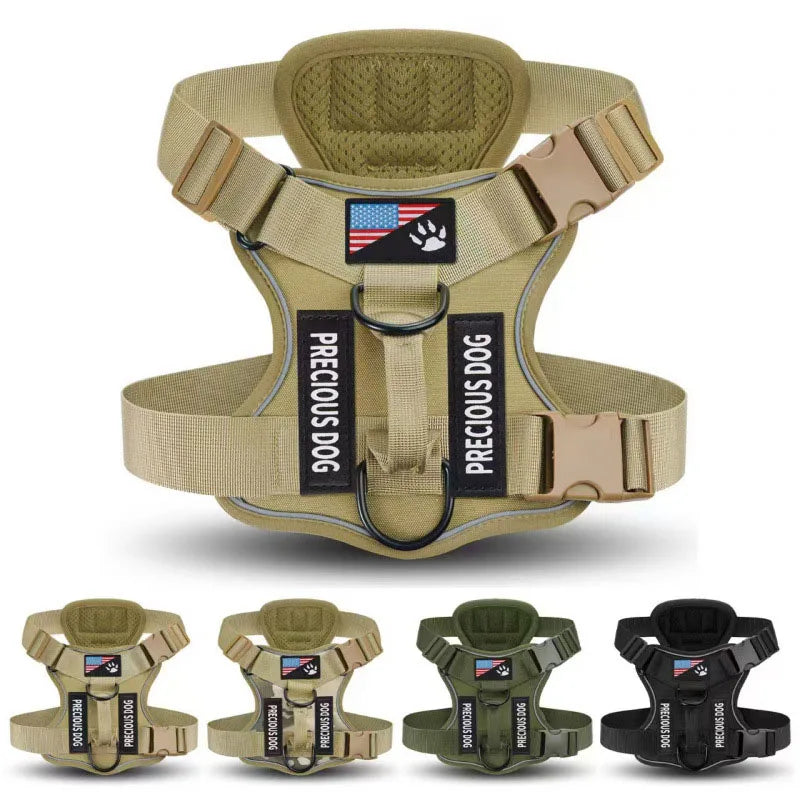 Harnais tactique anti-traction pour chien avec bandes réfléchissantes de nuit
