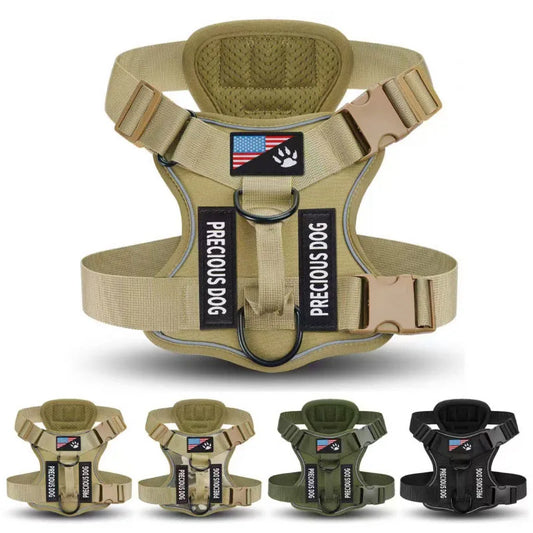 Harnais tactique anti-traction pour chien avec bandes réfléchissantes de nuit