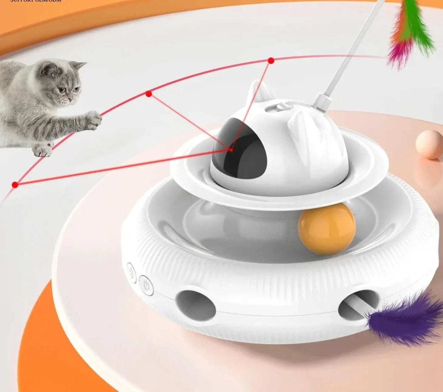 Jouet interactif intelligent 4-en-1 pour chat avec laser, plumes et balles de piste