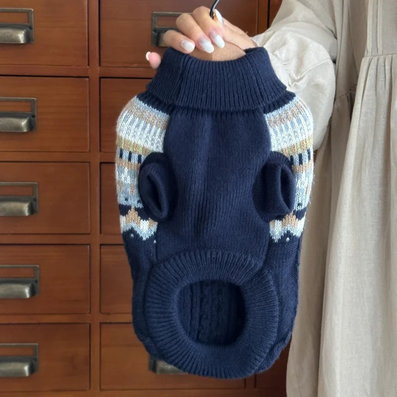 Vintage Print Dog Sweater for Small & Medium Dogs — Navy, Blue & Beige