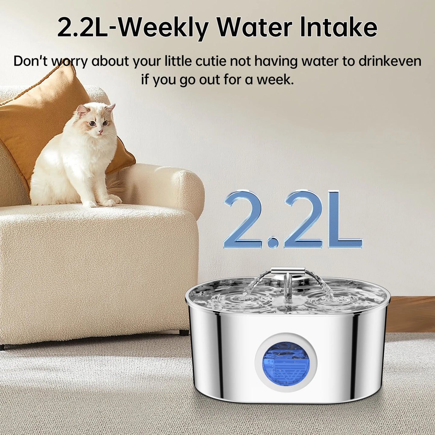 Fontaine à eau pour animaux de compagnie en acier inoxydable de 2,2 L – Double sortie avec fenêtre de niveau d'eau