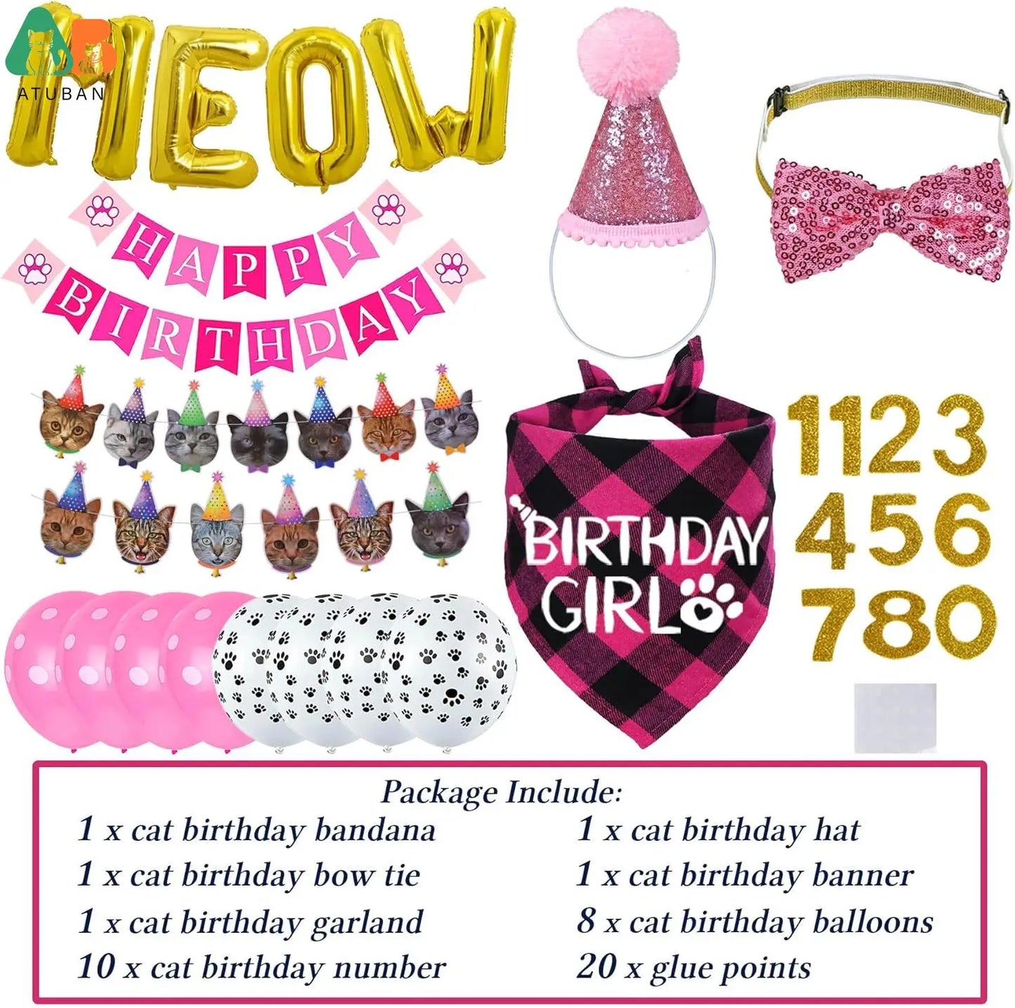 Fournitures d'anniversaire pour chat - Ensemble chapeau, bandana et nœud papillon