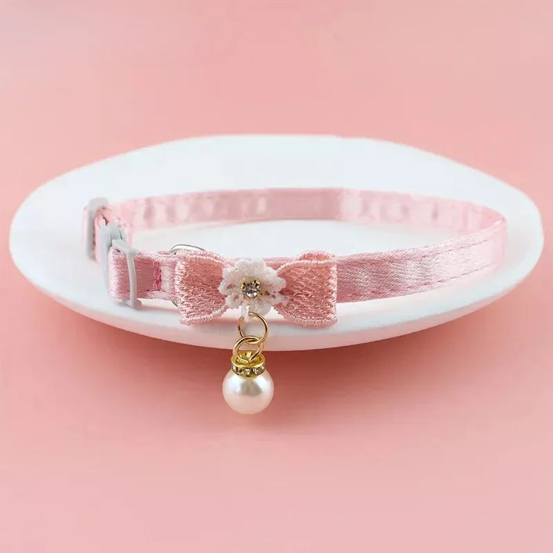Pink Lace Bow Pet Collar with Bell for Cats and Small Dogs