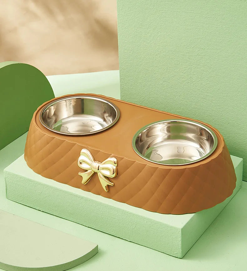 Bow-Tie Double Pet Bowl – Stainless Steel Inserts with PP Stand, for Cats & Dogs