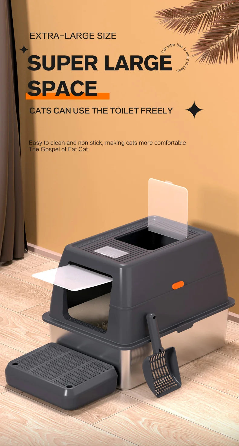 Extra Large Enclosed Stainless Steel Cat Litter Box with Lid