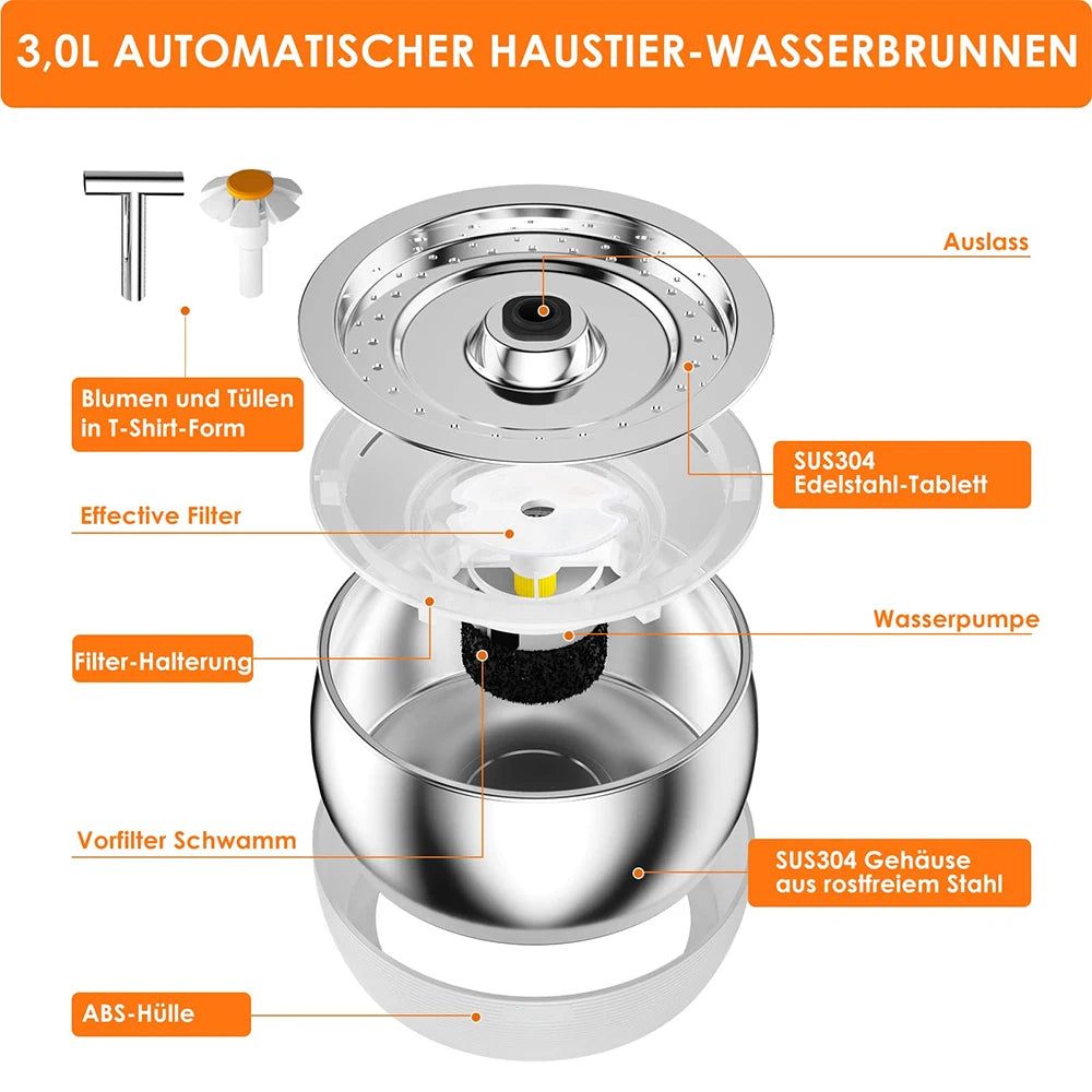 Fontaine à Eau Premium pour Animaux en Acier Inoxydable - Distributeur Automatique 3L avec Filtre et Robinet