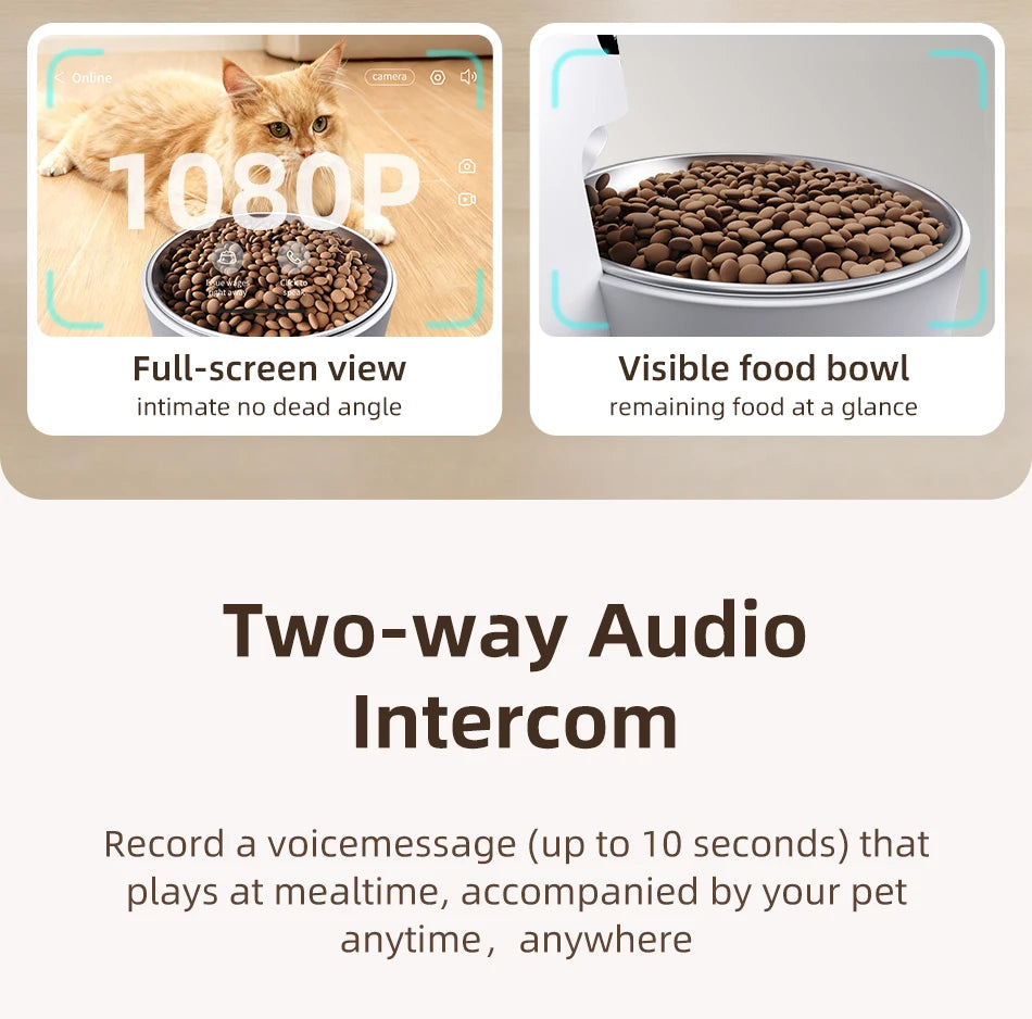 Distributeur automatique intelligent de nourriture pour animaux avec caméra HD 1080p et contrôle à distance via Wi-Fi