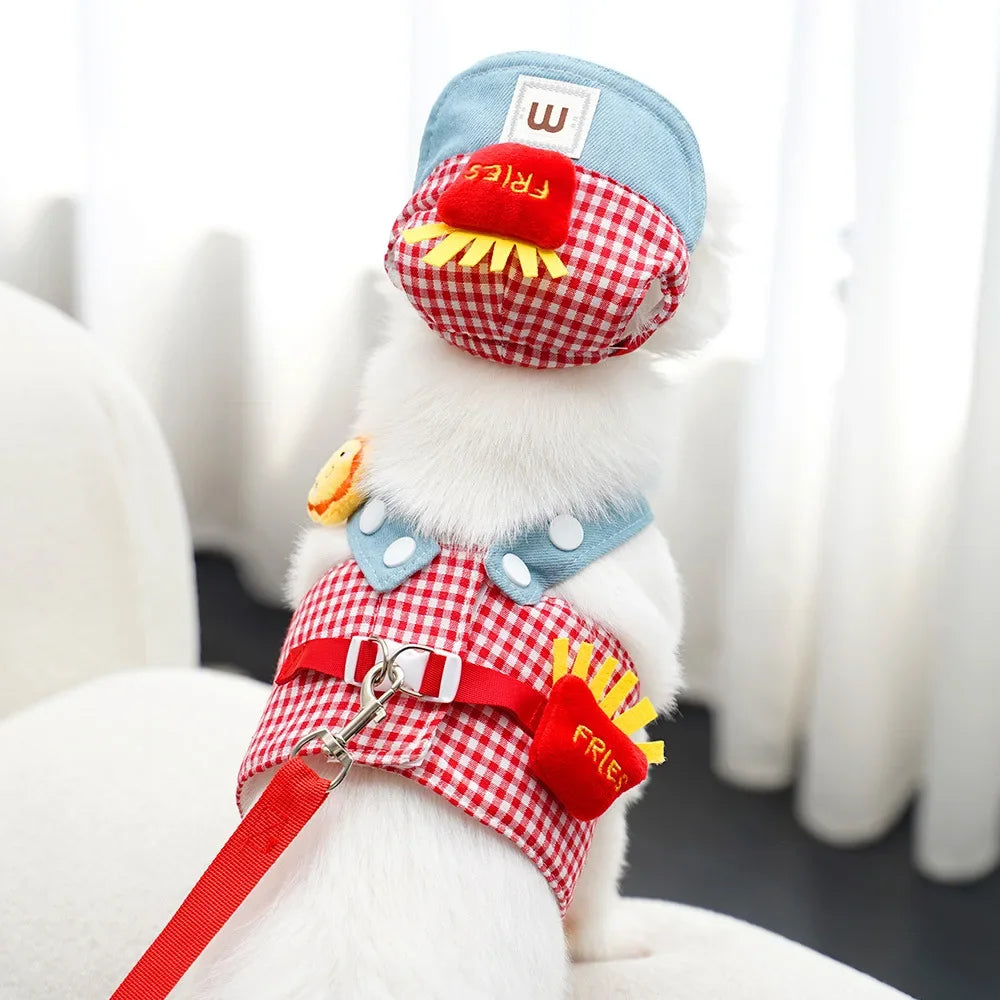3-Piece Cartoon Pet Harness, Leash & Sun Hat Set – Vest Harness Costume for Cats & Small Dogs