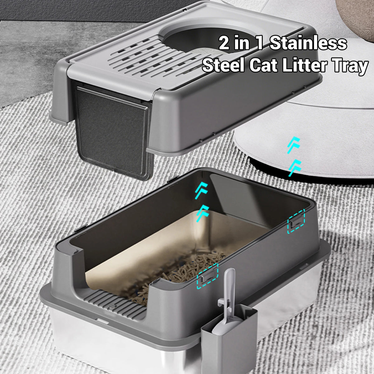 Extra Large Stainless Steel Cat Litter Box | 35L | Flip-Top | Dual Entry | Odour Control