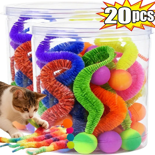 Interactive Glow & Bounce Cat Toy Set – Caterpillar, Balls & Teaser