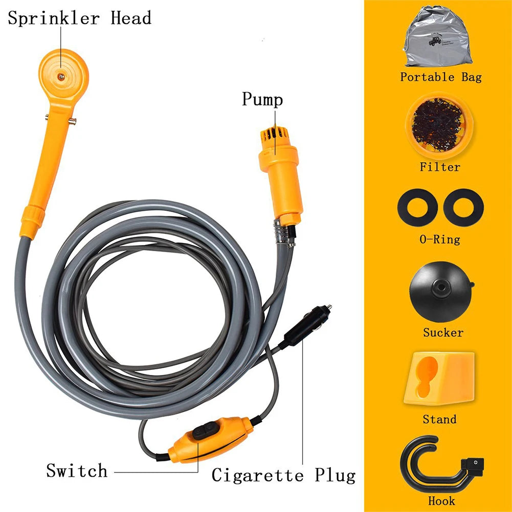 12V Portable Camping Shower Pump with Foldable Bucket Options