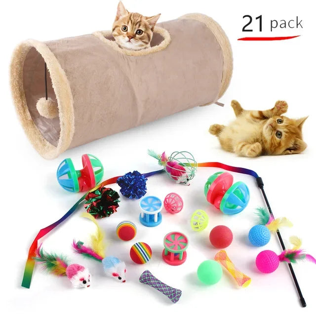 Foldable Cat Play Tunnel Tent - Interactive Toy with Balls & Mouse