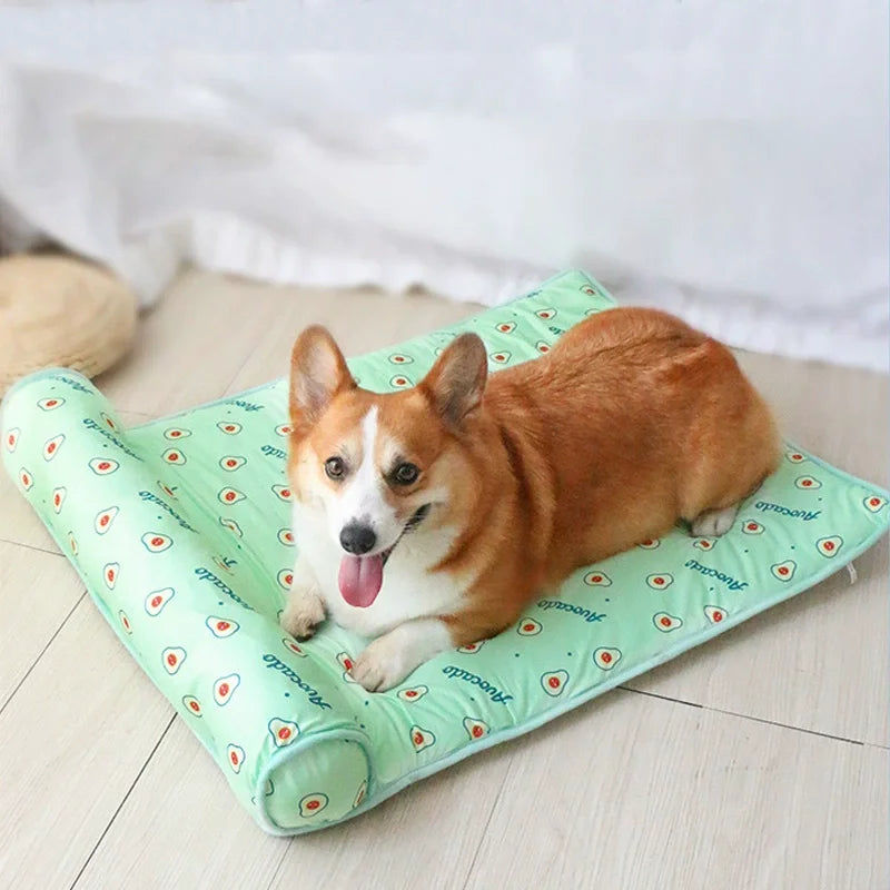 Ice Silk Cooling Mat for Dogs & Cats — Non-Slip, Washable with Integrated Pillow & Cute Print