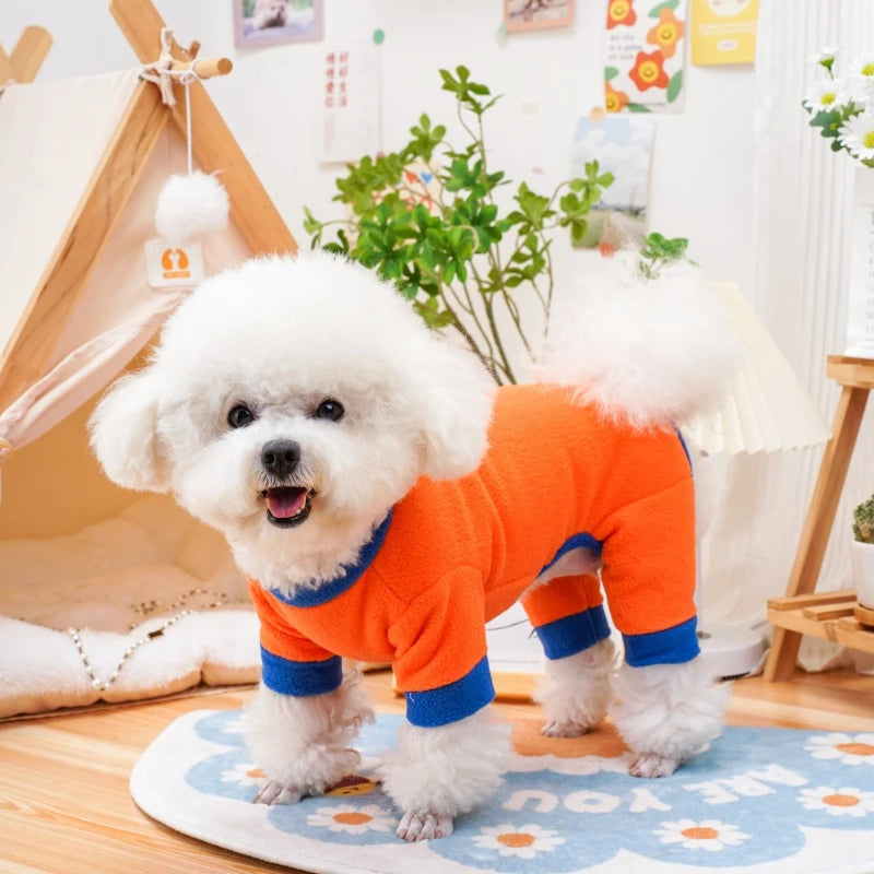 Fleece Dog Jumpsuit Hoodie with Leash Ring — Warm Winter Coat for Dogs & Cats