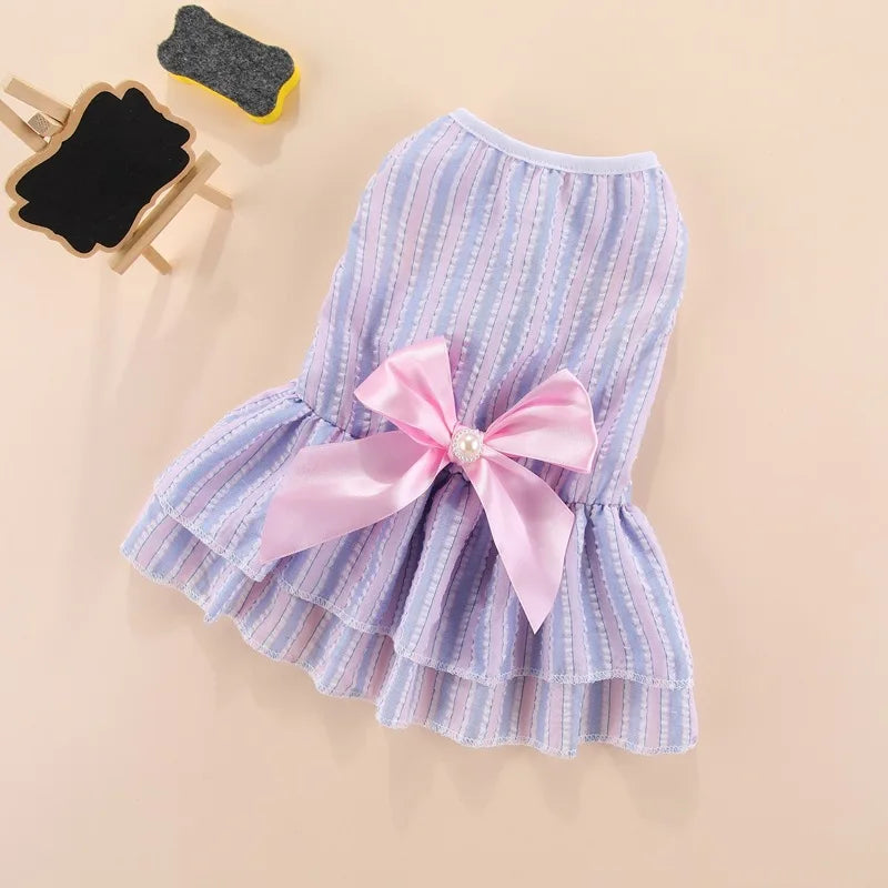 Robe de princesse pour animaux de compagnie - Robe d'été à rayures et carreaux avec nœud pour chats et petits chiens