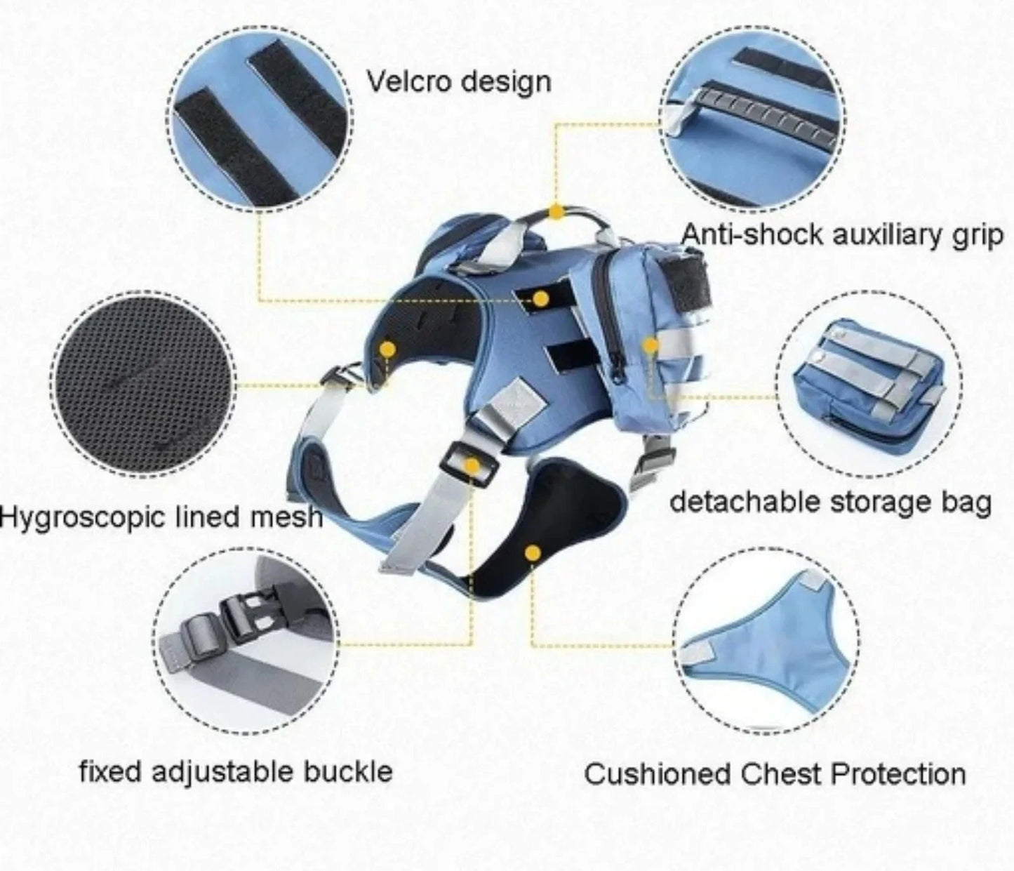 Harnais pour chien robuste avec sac à dos à poches latérales sécurisées
