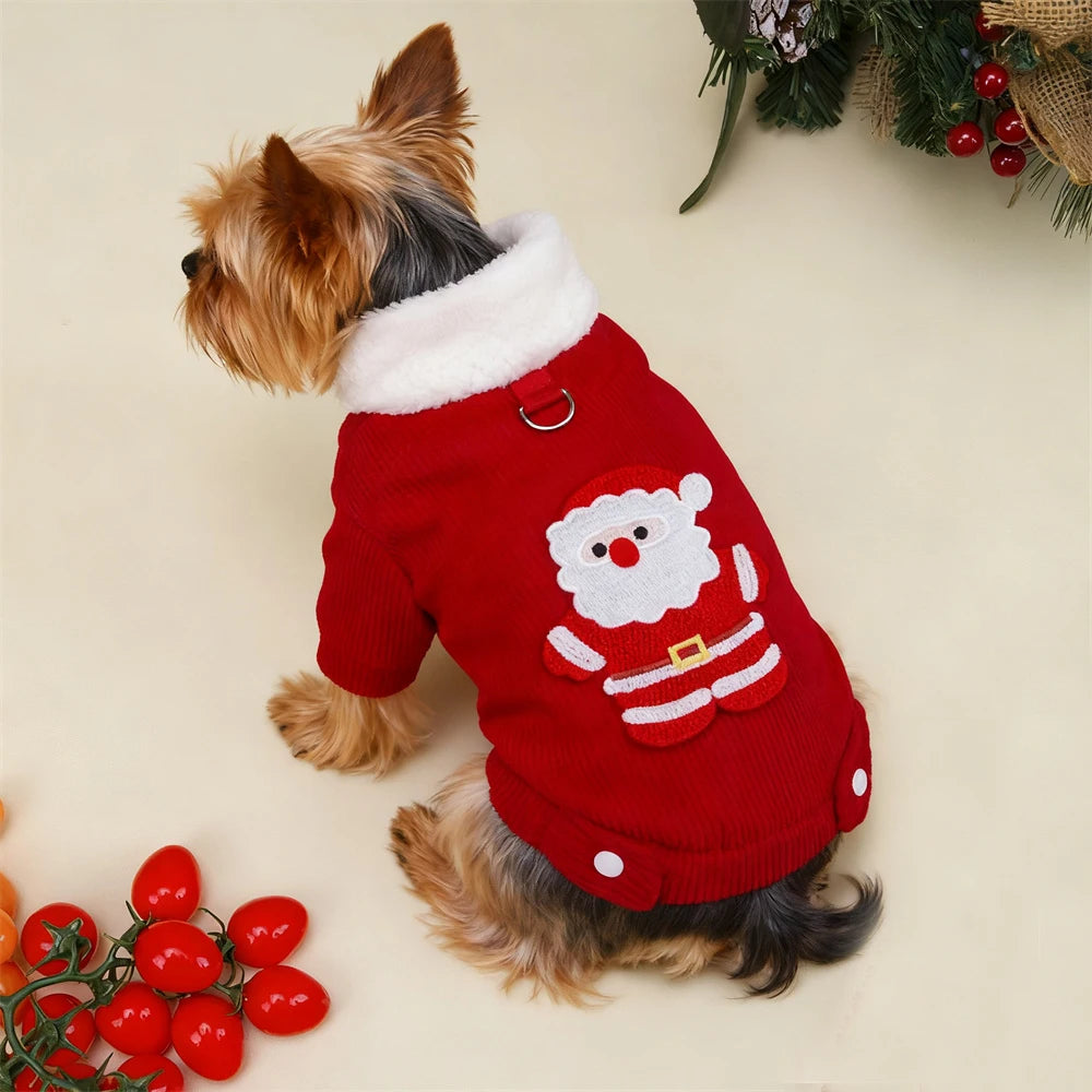 Christmas Pet Jacket with Fur Collar & Traction Ring