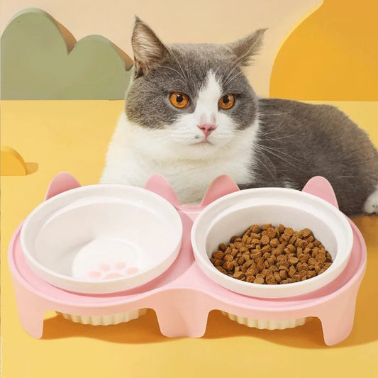 Elevated Ceramic Pet Bowl Set - Double Bowl Design for Neck Protection