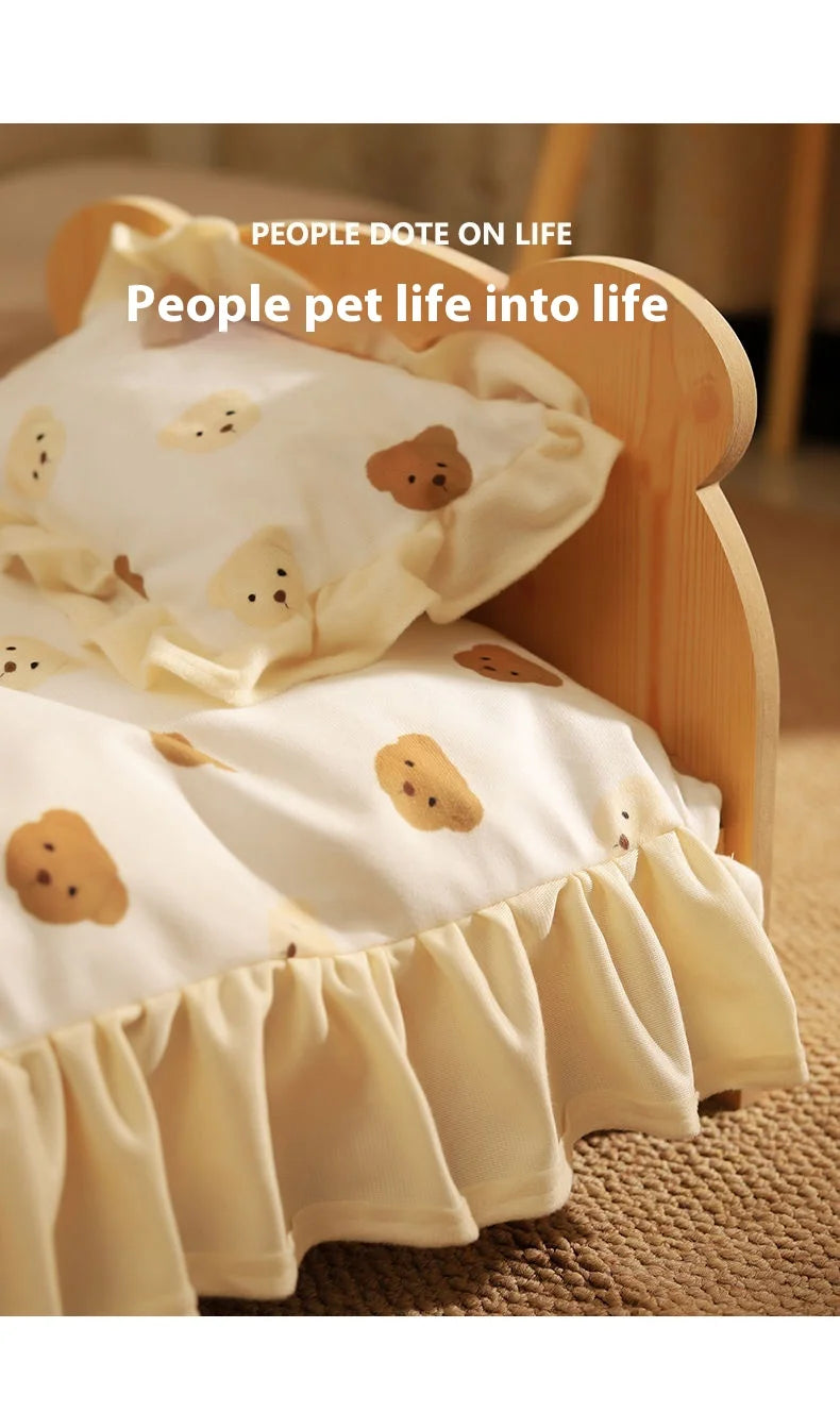Solid Wood Pet Bed with Removable Washable Mat – All-Season Cat & Dog House