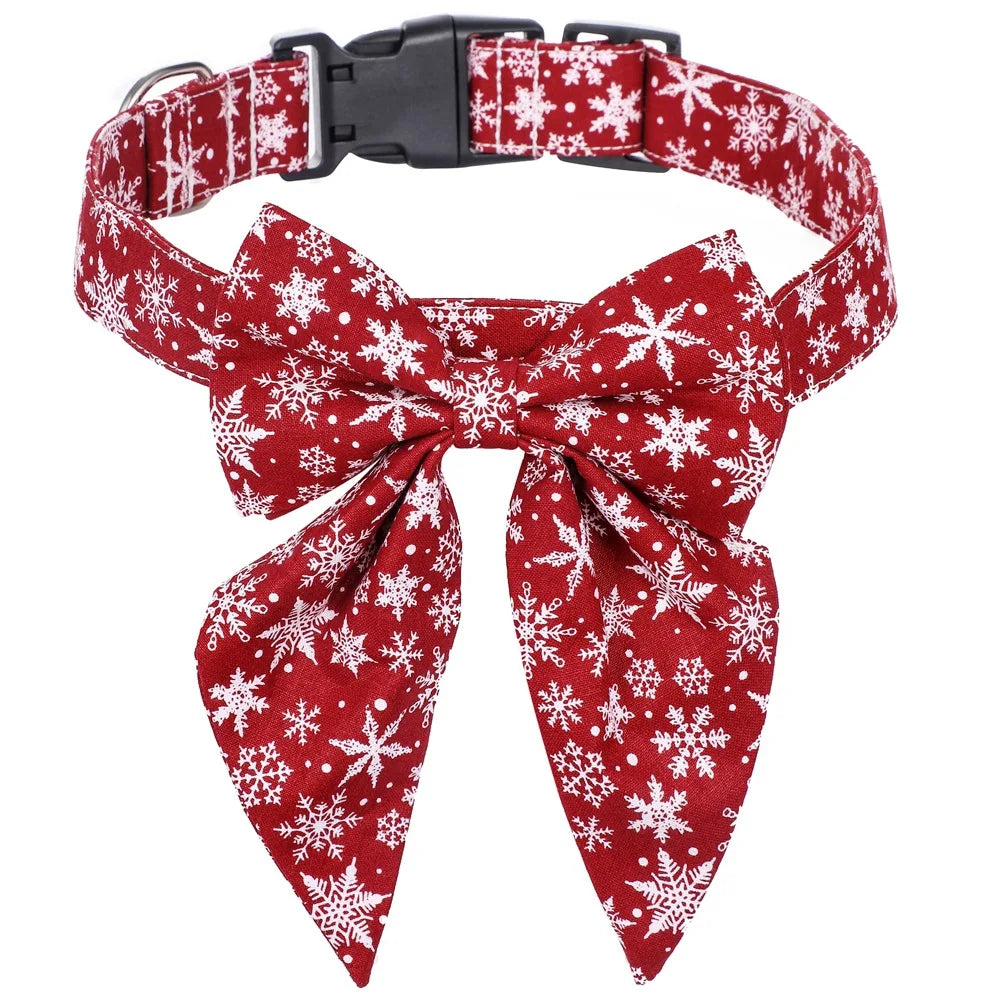 Christmas Dog Collar with Snowflake Bow - Festive Cotton Collar for Dogs and Cats