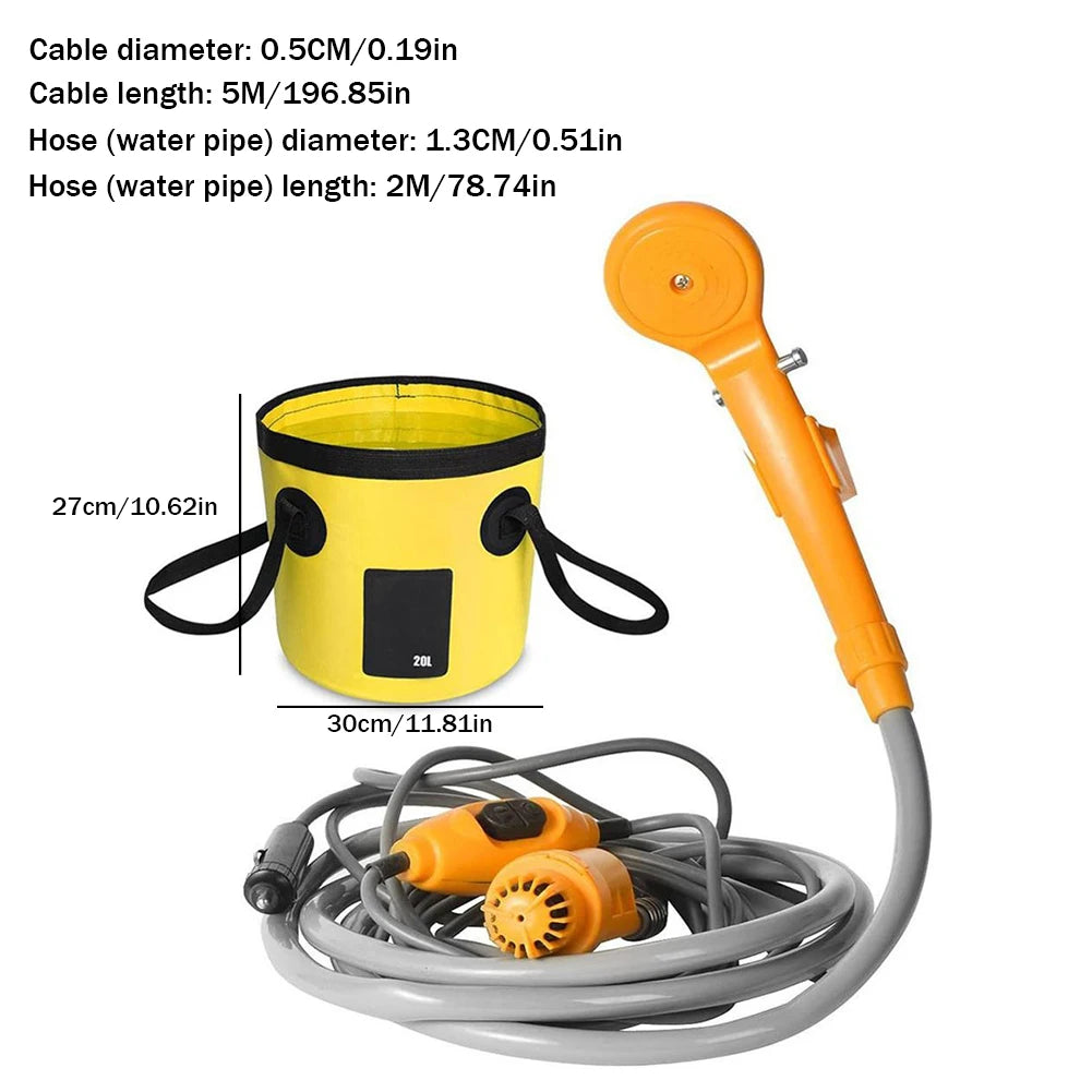 12V Portable Camping Shower Pump with Foldable Bucket Options