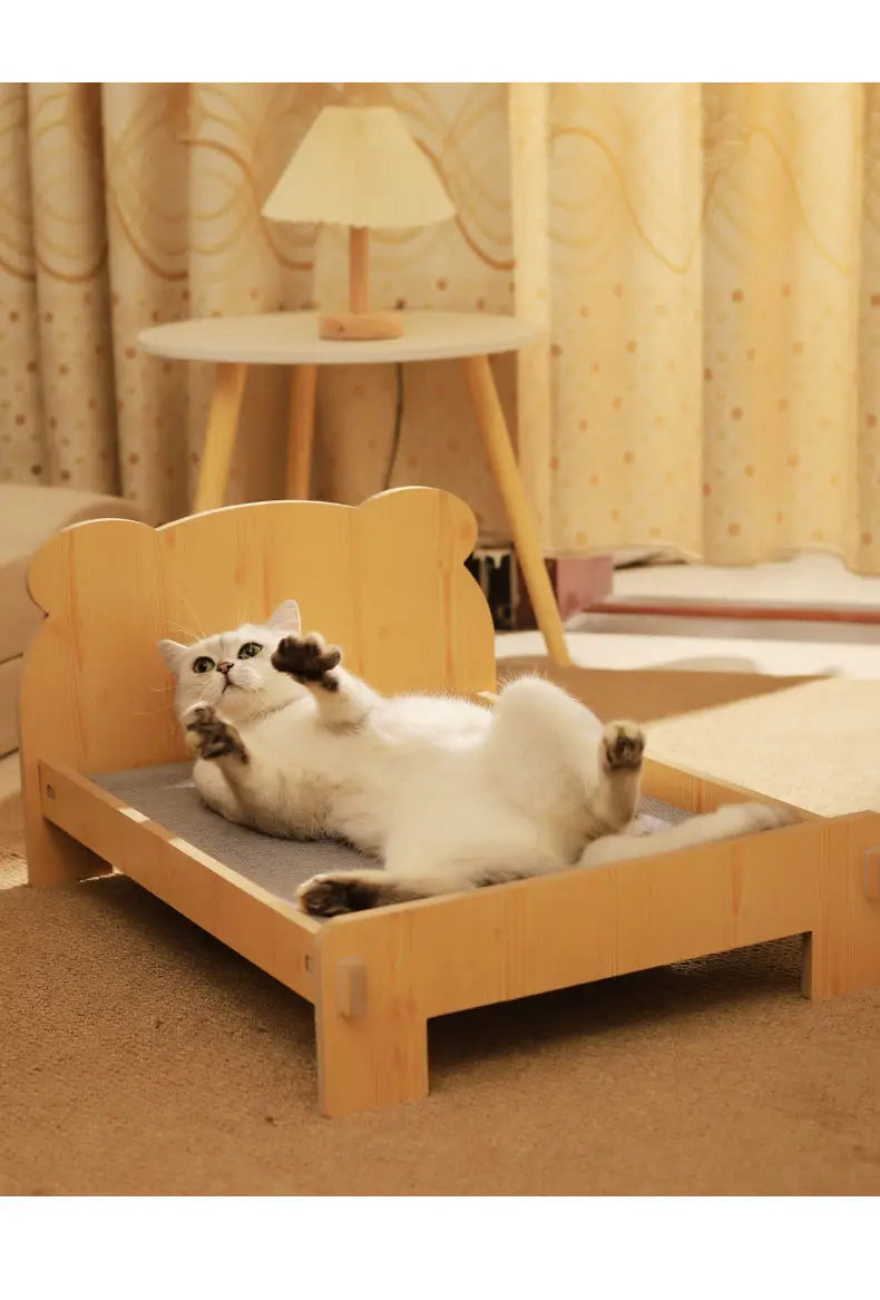 Solid Wood Pet Bed with Removable Washable Mat – All-Season Cat & Dog House
