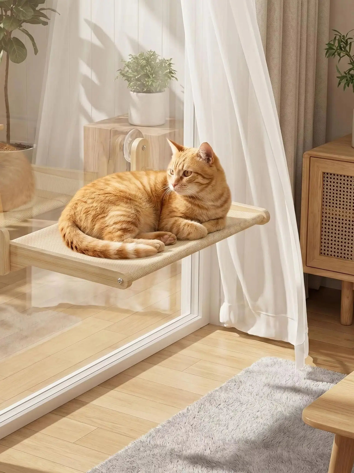 Large Wall-Mounted Cat Hammock – Solid Wood Frame with Suction Cups