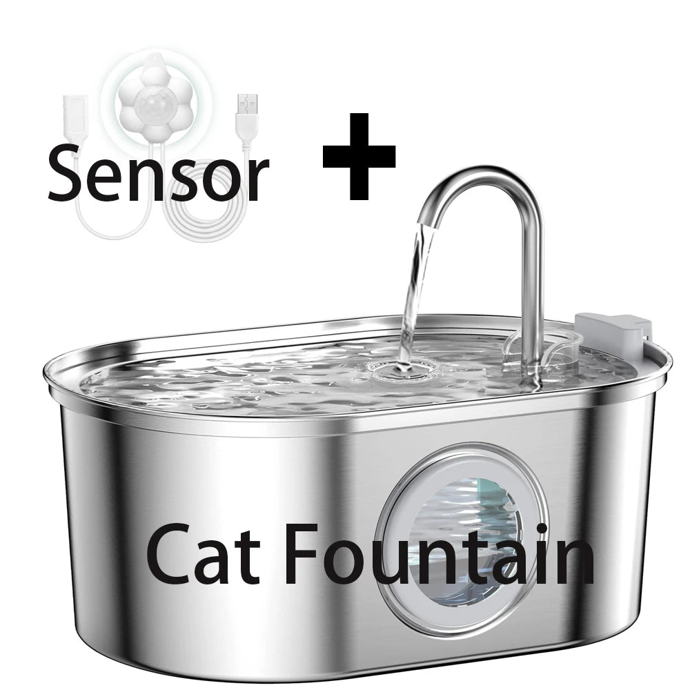 Transparent Window Cat Water Dispenser with sensor 3.2L/108oz Super Quiet& Pets Auto Filter Stainless Steel Cats Water Fountain