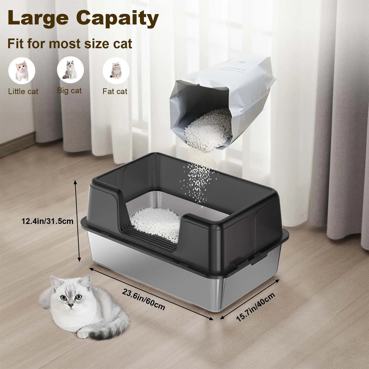 Stainless Steel Semi-Enclosed Cat Litter Box | High Sides | Anti-Splash | 3 Sizes