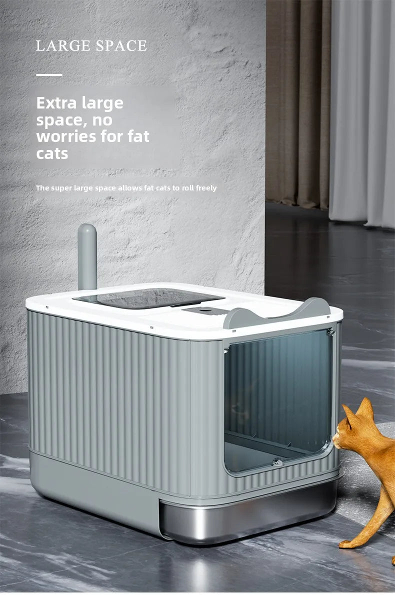 XXL Stainless Steel Enclosed Self-Cleaning Cat Litter Box — Anti-Splash Drawer in White, Yellow & Pink