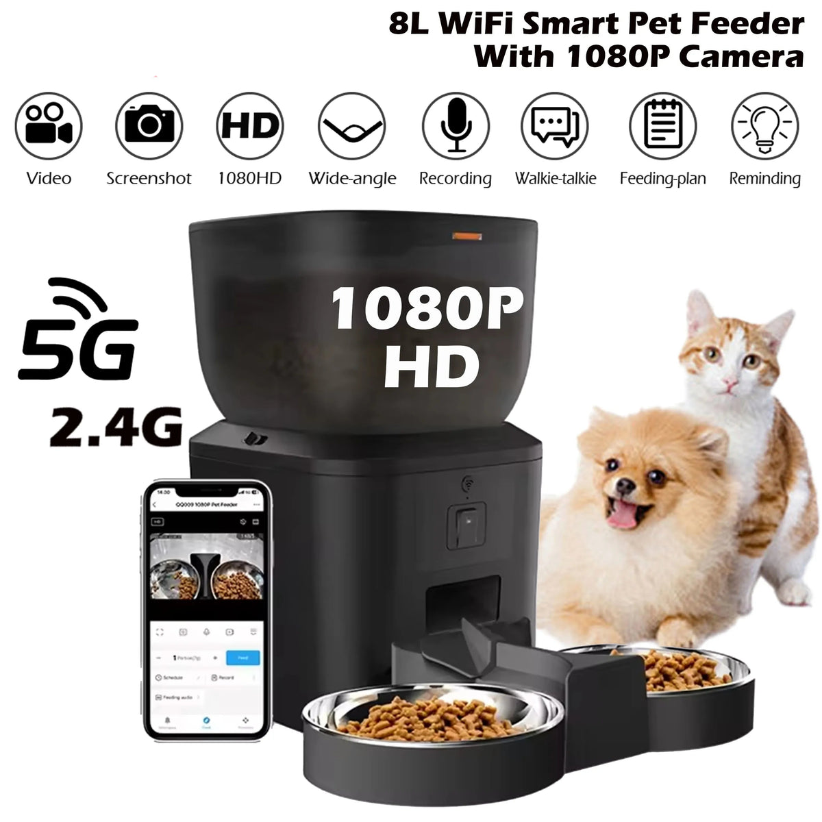 Automatic Pet Feeder with 1080p Camera, Voice Recorder & Remote Control