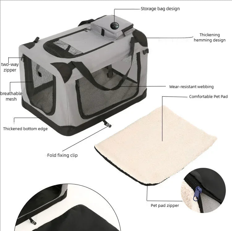 Cage de transport et de voyage pliable et souple avec tapis — 3 portes