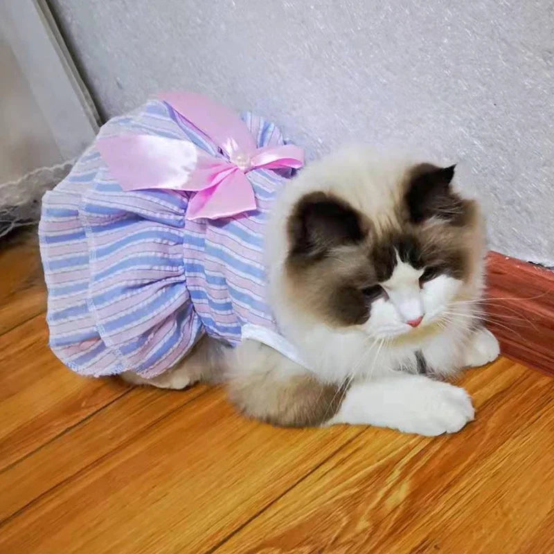 Robe de princesse pour animaux de compagnie - Robe d'été à rayures et carreaux avec nœud pour chats et petits chiens