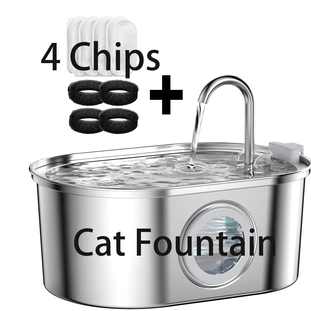 Transparent Window Cat Water Dispenser with sensor 3.2L/108oz Super Quiet& Pets Auto Filter Stainless Steel Cats Water Fountain