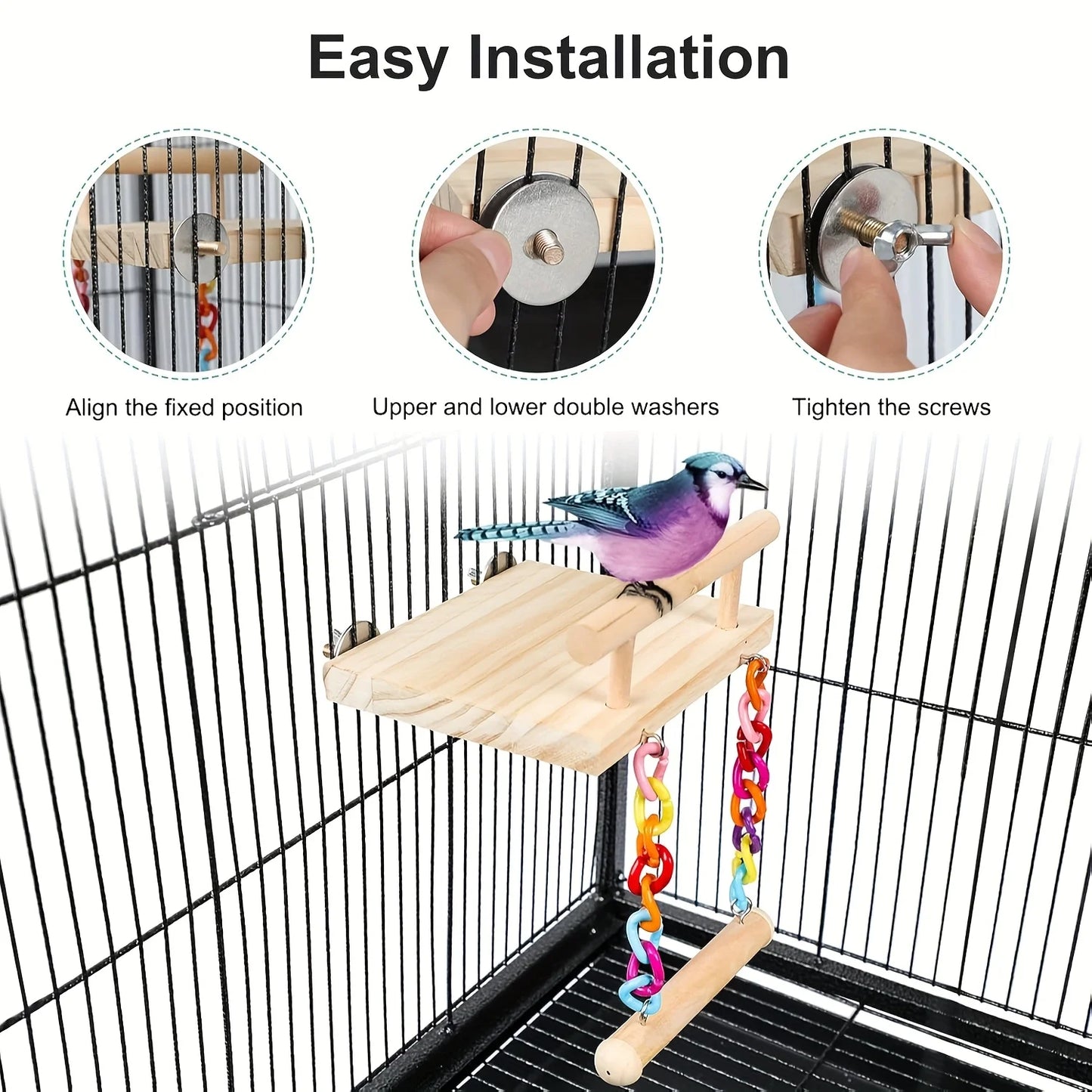 Plateforme de cage à oiseaux en bois avec balançoire et pont de corde