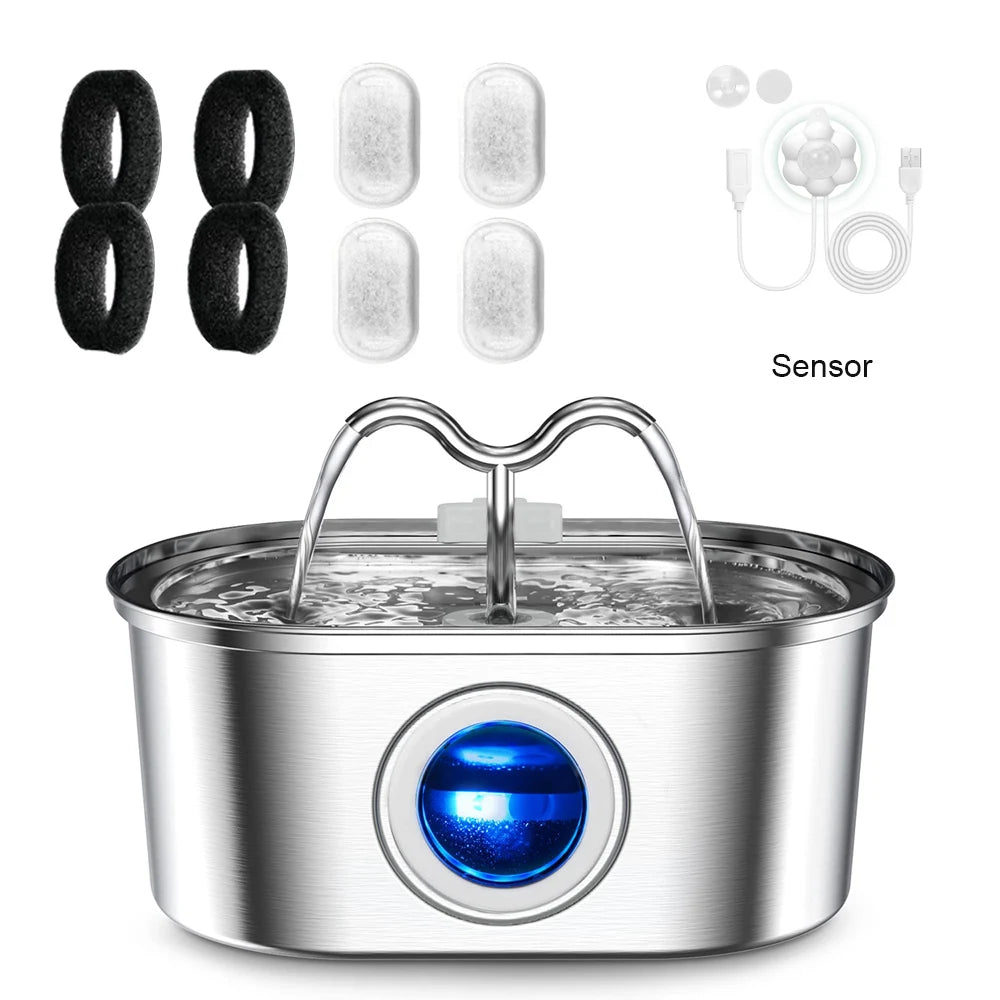 Distributeur d'eau pour animaux de compagnie en acier inoxydable 3,2 L, fontaine à eau automatique pour chat, distributeur d'eau intelligent pour chien, bol d'eau avec fenêtre visuelle, accessoires pour animaux de compagnie