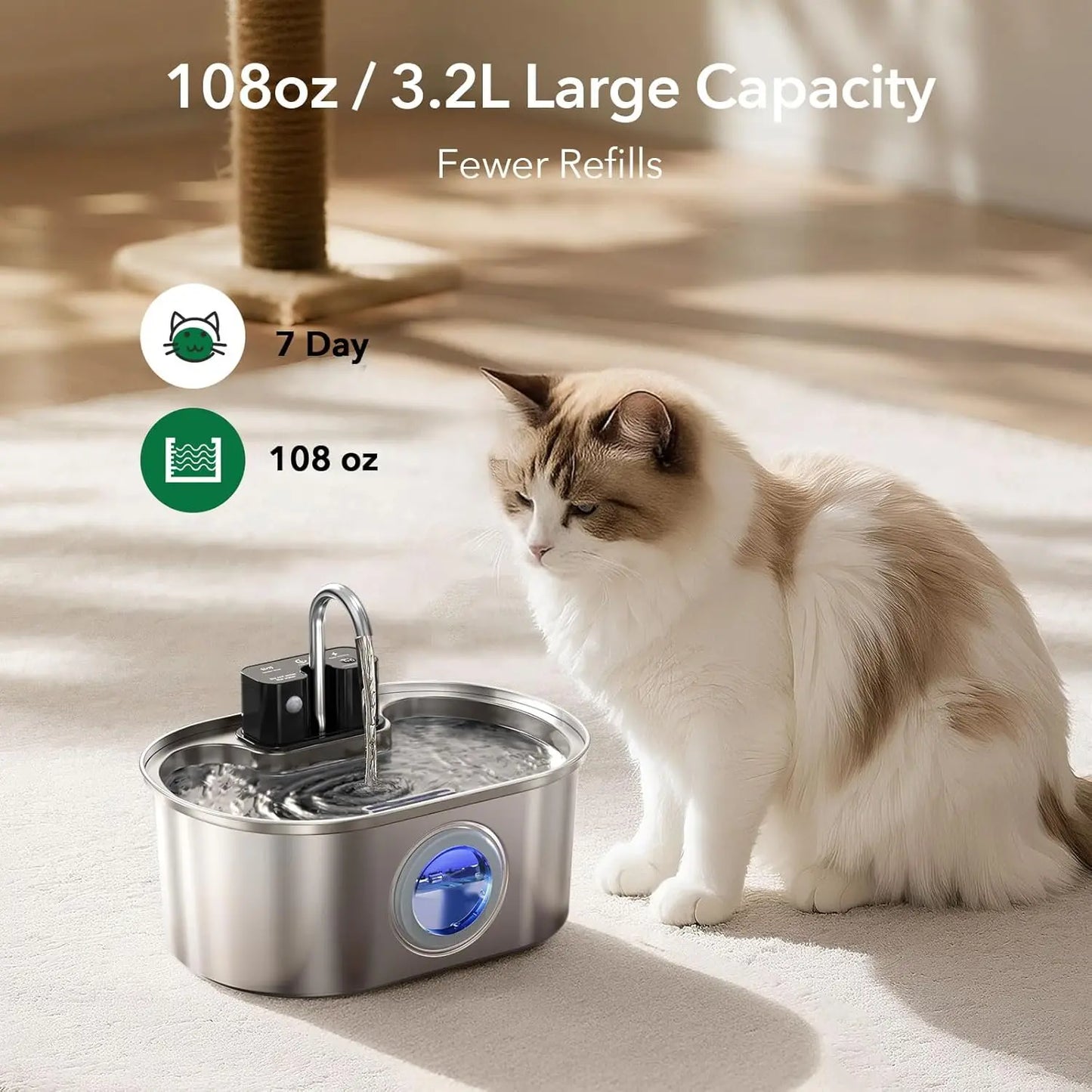 3.2L Wireless Stainless Steel Pet Water Feeder Auto Cat Fountain faucet Smart Dog Water Dispenser Visual Window Drinking Bowl