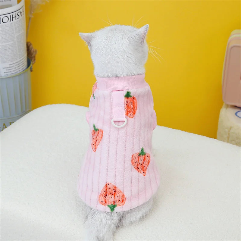 Strawberry Print Plush Pullover Sweater for Cats & Small Dogs