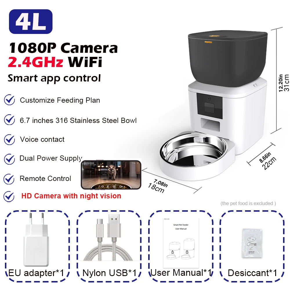 Automatic Pet Feeder with 1080p Camera, Voice Recorder & Remote Control
