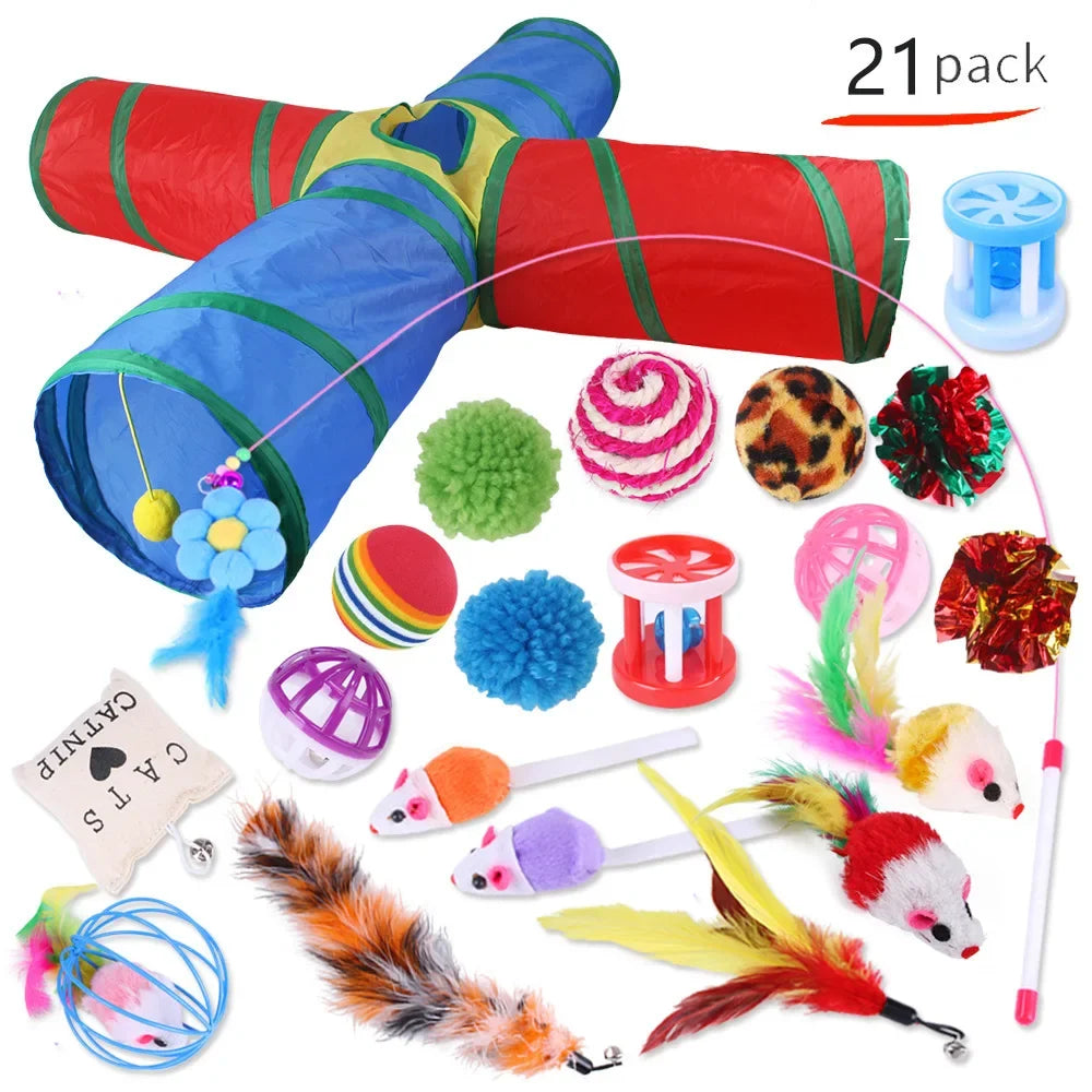 Foldable Cat Play Tunnel Tent - Interactive Toy with Balls & Mouse